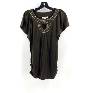 Lena Petites Women's Brown Short Sleeve Studded Neck Top Shirt Size PL